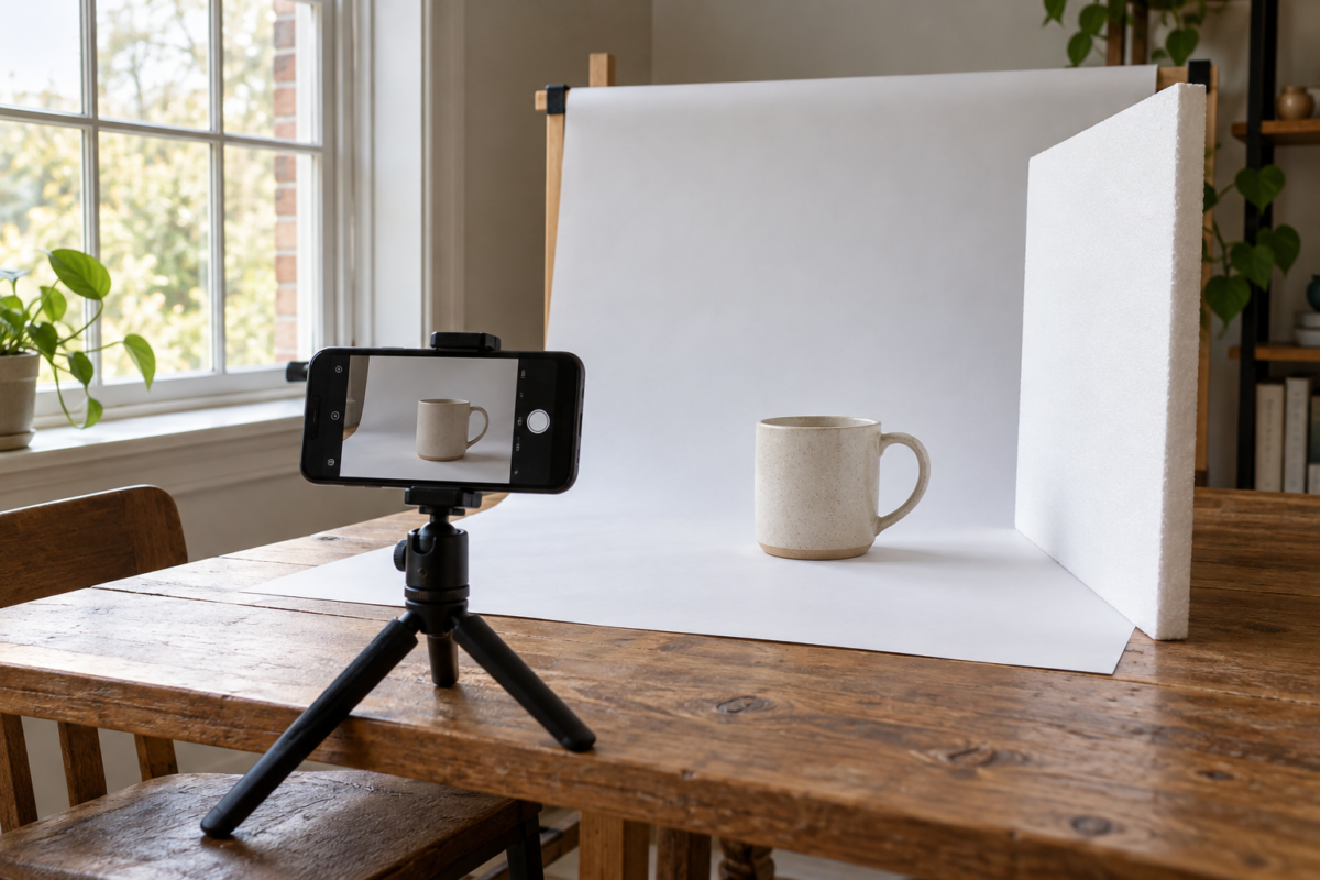 Window-light setup for product photos for affiliate reviews, with a phone, mug, and white reflector