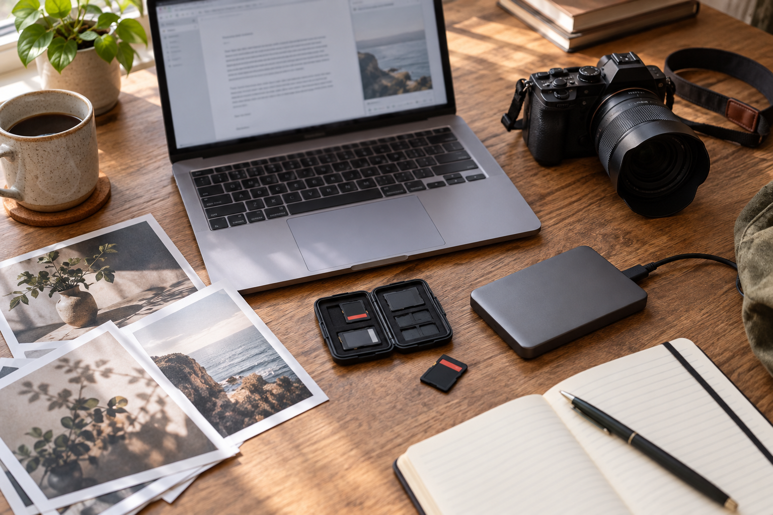 Draft documents and original photos organized for a blog backup strategy