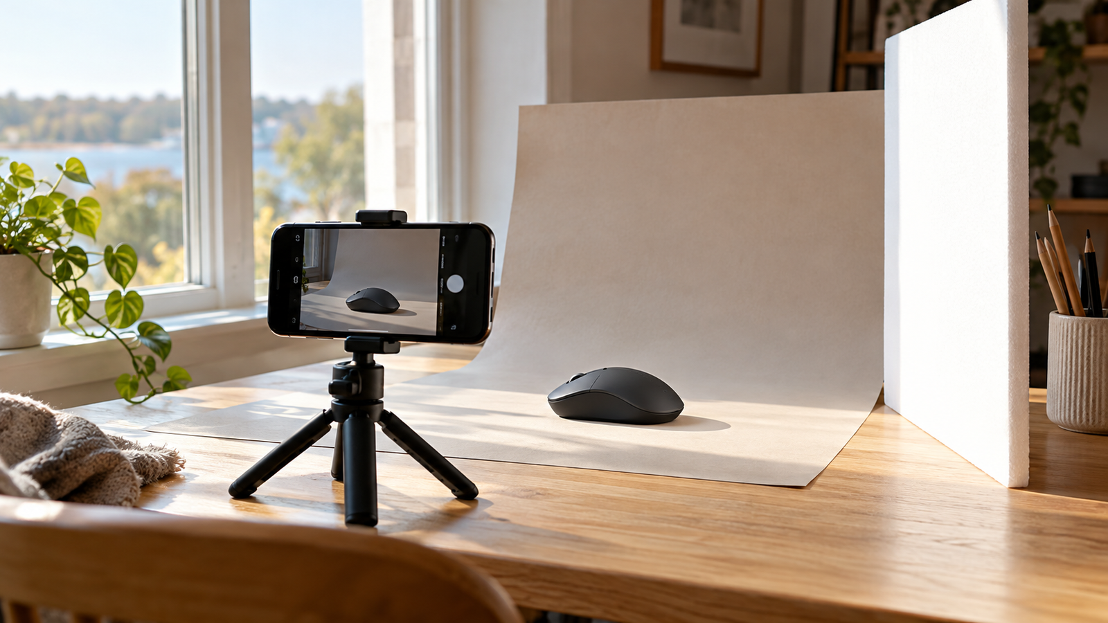 Home workspace for product photos for affiliate reviews, with a phone on a tripod facing a mouse