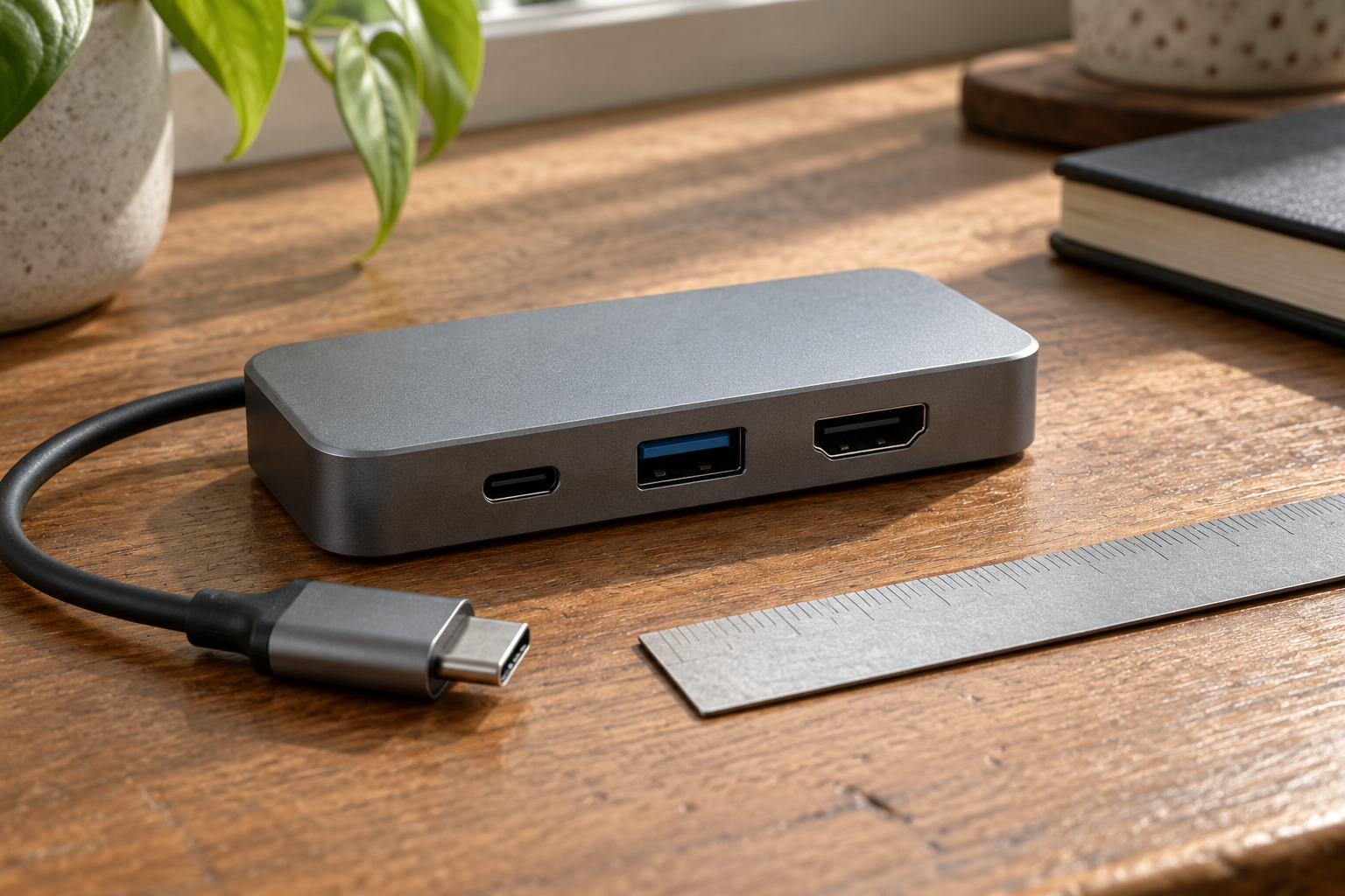Port-spacing illustration for product photos for affiliate reviews, with a USB hub, cable plug, and ruler