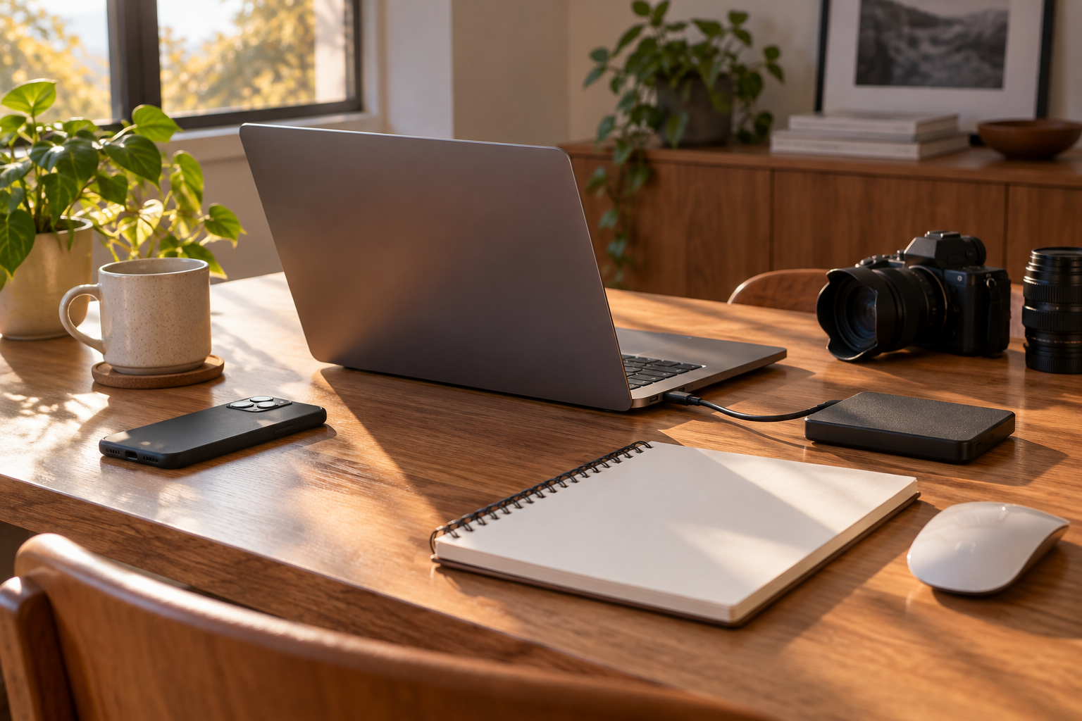 Archiving product photos for affiliate reviews using a laptop and external drive on a home desk