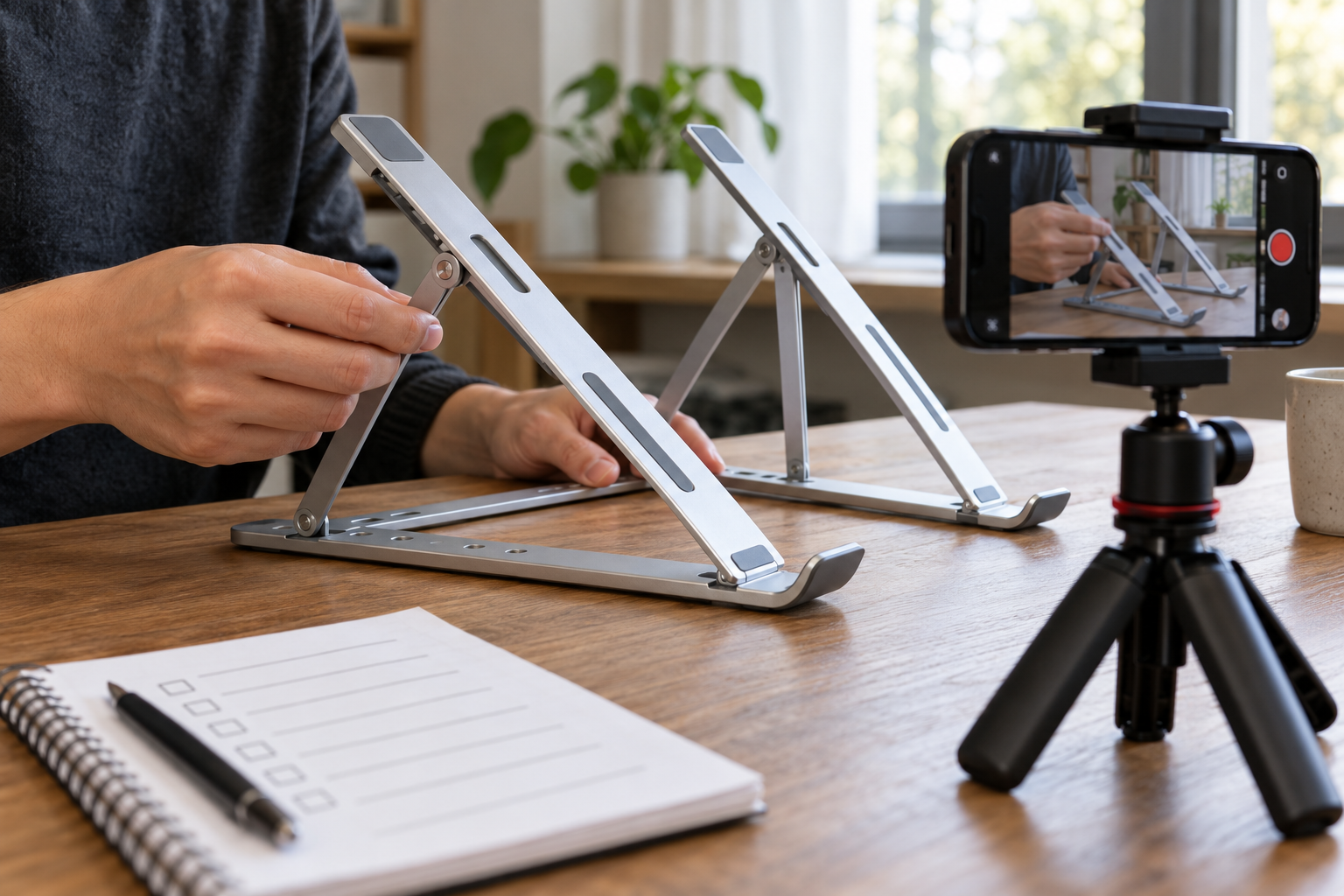 Filming a stand adjustment for an affiliate product review video