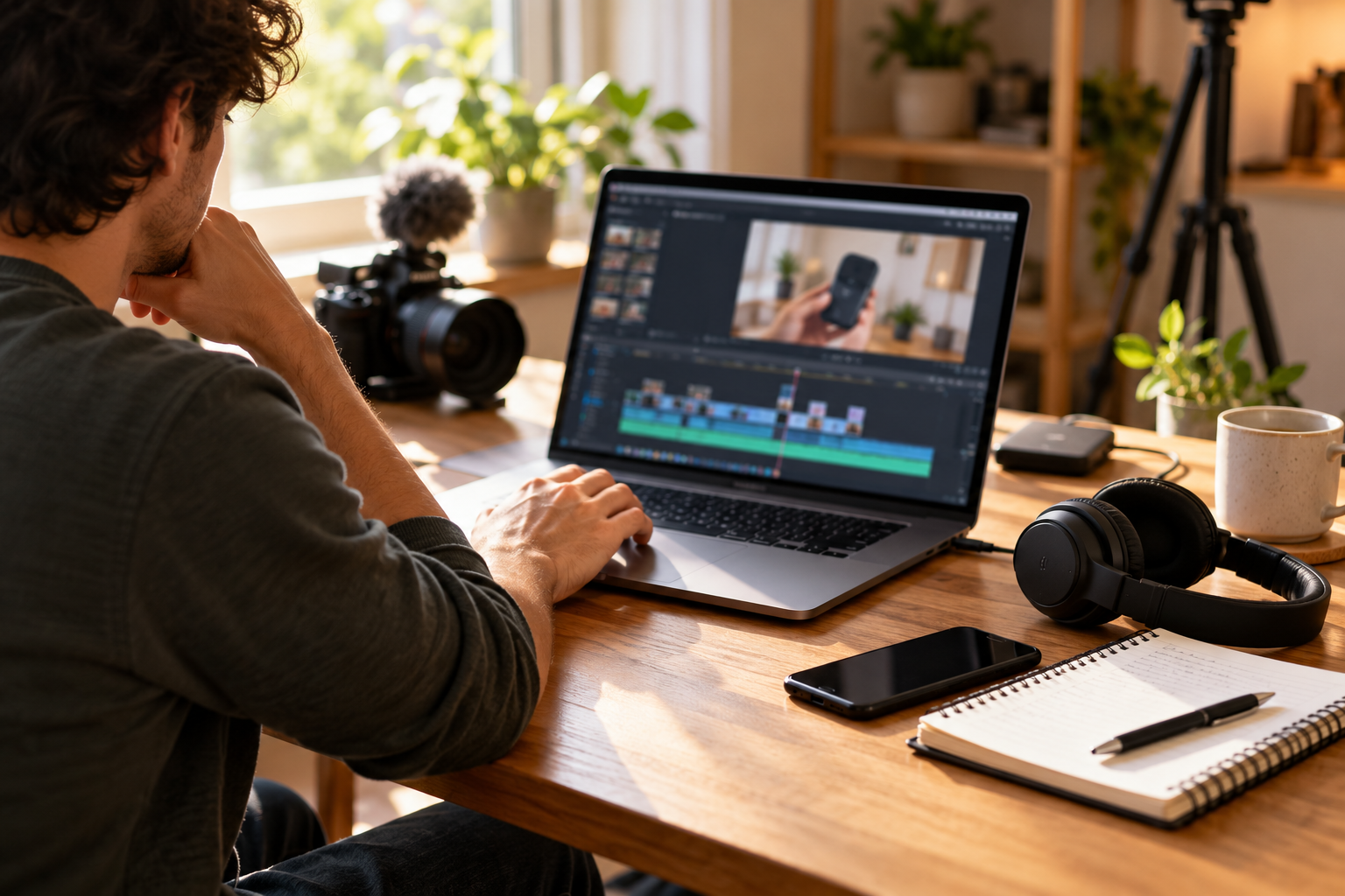 Creator editing an affiliate product review video on a laptop beside headphones and a phone