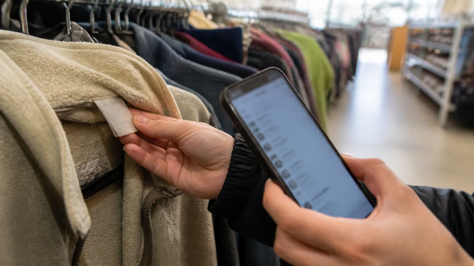 Shopper checking a jacket label during thrift store flipping for beginners