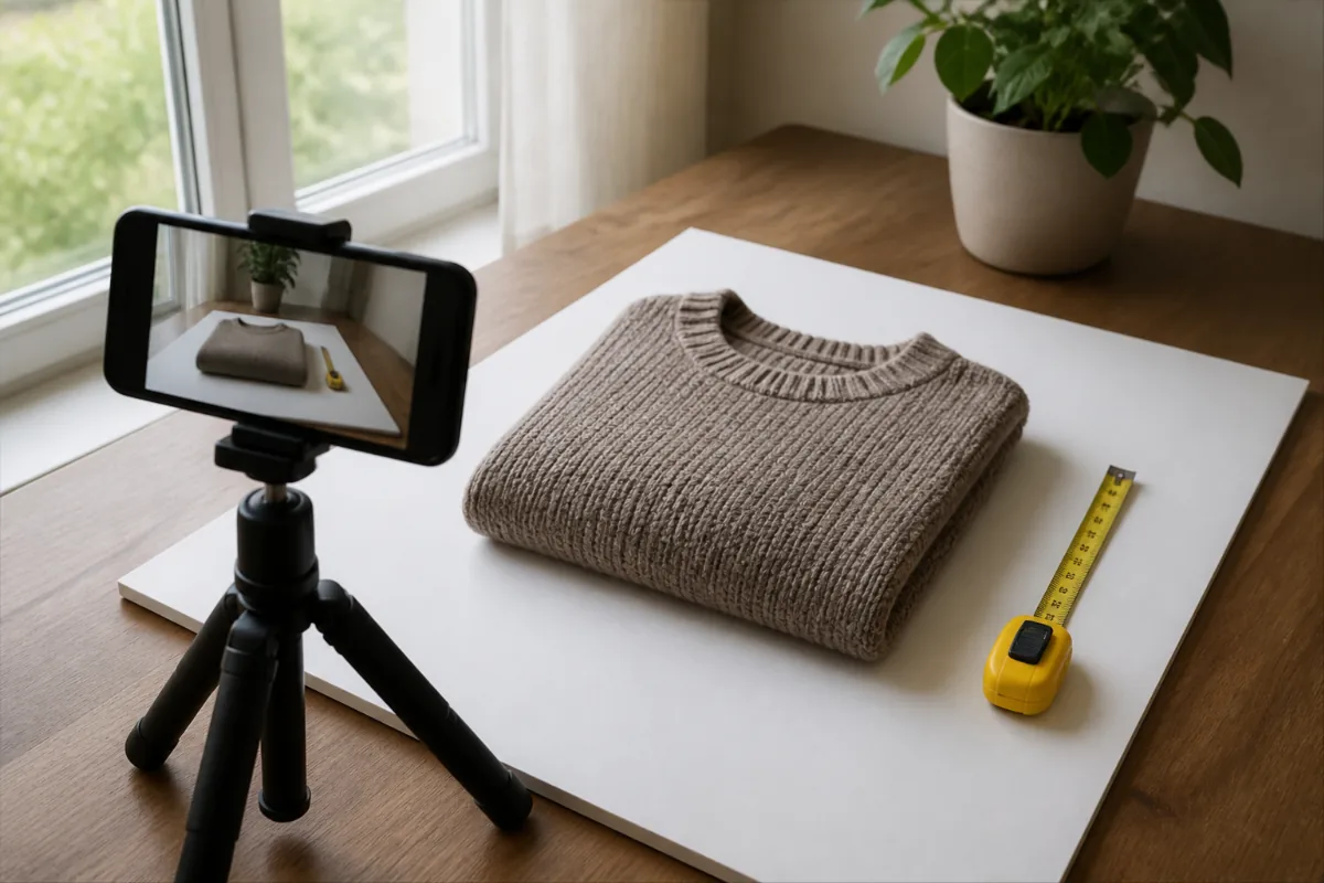 Window-light setup for photographing a sweater for an online listing