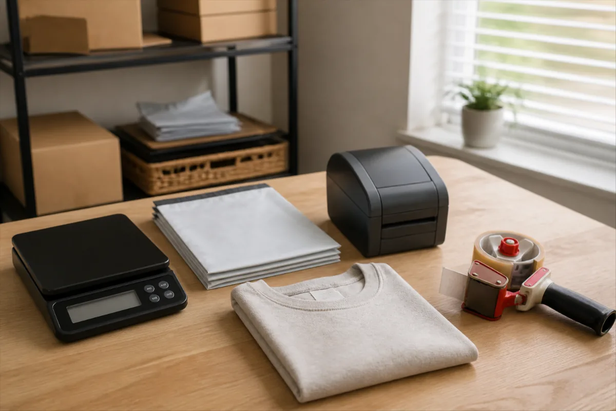 Home shipping station with a postal scale, mailers, label printer, and tape gun